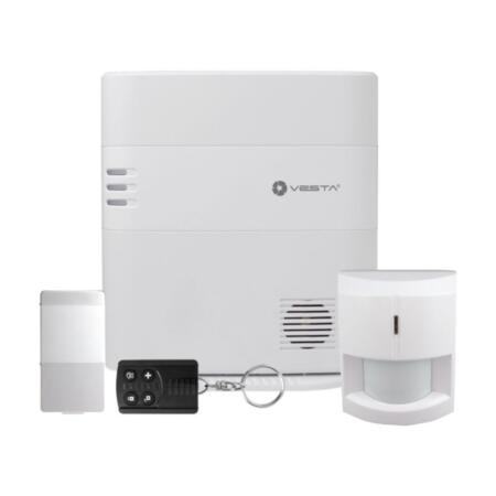 VESTA-001 | Kit VESTA compuesto por: 1x Central IP Ethernet + 2G de seguridad VESTA-046 (HSGW-G8-2G-F1-ZW) de 160 zonas vía radio, Grado 2; 1x Detector PIR vía radio VESTA-009 (IR-29SL-F1) con Grado 2; 1x Contacto magnético vía radio VESTA-013 (MDC-3-F1) con Grado 2; 1x Pulsador vía radio de 4 botones VESTA-014 (RC-16-F1) con Grado 2. La central vía radio de VESTA es compatible con Google Home y Alexa.