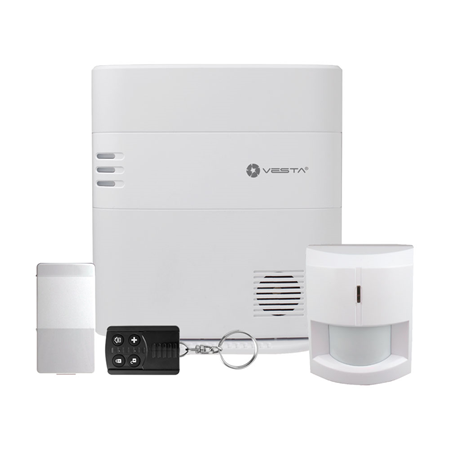 VESTA-001N-D | VESTA Kit consisting of:. 1x Central IP Ethernet + 2G security VESTA-046N (VESTA-046N) of 320 zones via radio; 8 partitions; Amplified quick connection for external GPRS antenna (antenna included); Prepared to support high capacity external battery (DEM-14M-BACKUP and DEM-7M-BACKUP); Includes Mini USB quick connector for connecting external organic battery; Grade 2. 1x Radio PIR detector VESTA-009 (IR-29SL-F1) with Grade 2. 1x Radio magnetic contact VESTA-013 (MDC-3-F1) with Grade 2. 1x Radio push button VESTA-014 (RC-16-F1) with Grade 2.