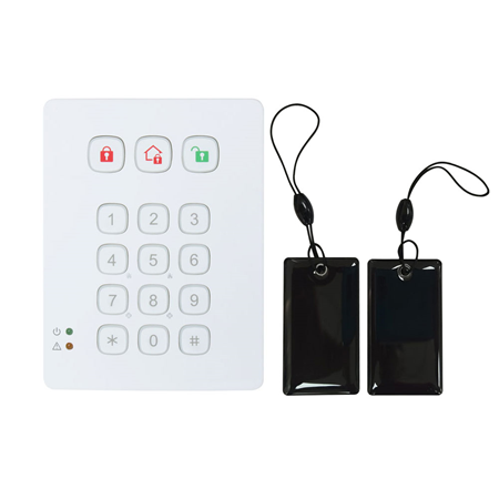 VESTA-012 | VESTA radio keyboard with proximity reader. Panic, fire and medical emergency keys. RFID and NFC reader. Powered by 1 3V CR123 lithium battery. 6 year battery life. Includes 2 chiclet proximity tags. Complies with UL1023