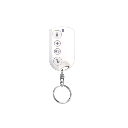VESTA-017 | VESTA 4-button radio button. White color. Arm / Disarm, Partial Arm, and Panic. Powered by 1 3V CR2032 lithium battery. 7 year battery life. Low battery detection. EN50131 Grade 2