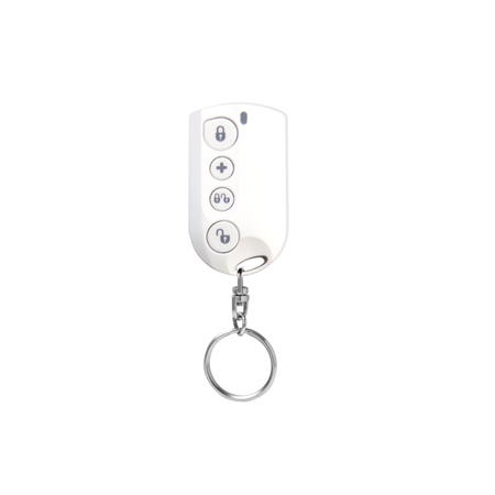 VESTA-017 | Pulsador vía radio VESTA de 4 botones. Color blanco. Armado/desarmado, armado parcial y pánico. Funciona con 1 pila de litio CR2032 de 3V. Vida útil de las pilas de 7 años. Detección de baja batería. EN50131 Grado 2