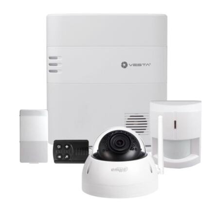 VESTA-057 | VESTA kit consisting of: 1x VESTA-046 Security Central (HSGW-G8-2G-F1-ZW) of 160 radio areas with IP + 2G and Grade 2 connectivity; 1x PIR detector via radio VESTA-009 (IR-29SL-F1) with Grade 2; 1x Magnetic contact via radio VESTA-013 (MDC-3-F1) with Grade 2; 1x VESTA-014 4-button radio button (RC-16-F1) with Grade 2; 1x DAHUA-2316-FO PRO Series IP Fixed Dome (IPC-HDBW1235E-W-S2) with WIFI and 30 m IR lighting for outdoor use.Compatible with Google Home and Alexa.