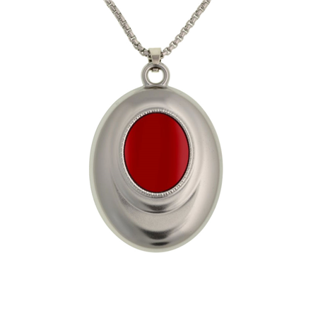 VESTA-079 | Colgante estilizado de VESTA. Joya rojo burdeos simulada como pulsador de emergencia. Pila de larga duración. Amplio rango de RF (depende de la frecuencia). Transmisión de señal fiable. Estándar IP68 a prueba de agua y polvo