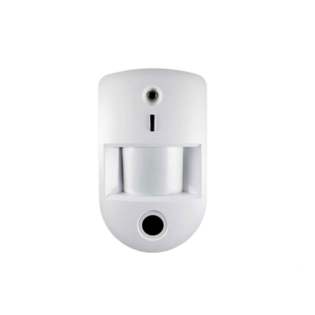 VESTA-096 | PIR cam detector via VESTA radio. PIR coverage of 10 meters, 90°. Camera: 640x480@3ips, 320x240@3/6ips. 102° wide angle optics. LED lighting. Anti-pets up to 27 kg. Works with 2 AA batteries. Includes corner ball. EN50131 Grade 2, ClassII