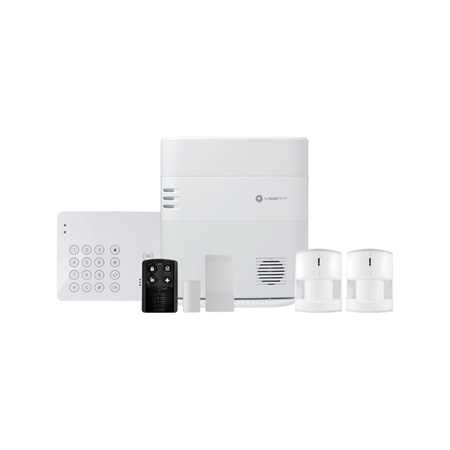 VESTA-097 | VESTA kit consisting of :. 1x IP Central Ethernet + 2G security VESTA-046 (HSGW-G8-2G-F1-ZW) of 160 zones via radio, Grade 2. 1x keyboard with proximity reader VESTA-012 (KPT-39N-F1). 2x PIR detectors via radio VESTA-009 (IR-29SL-F1) with Grade 2. 1x Magnetic contact via radio VESTA-013 (MDC-3-F1) with Grade 2. 1x Radio button with 4 buttons VESTA-014 (RC -16-F1) with Grade 2. Compatible with Google Home and Alexa.
