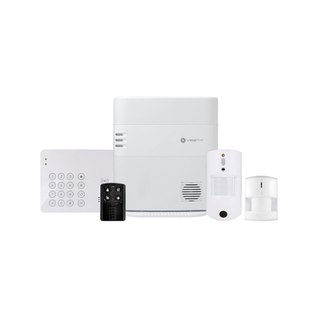 VESTA-098 | VESTA kit consisting of :. 1x VESTA-046 (HSGW-G8-2G-F1-ZW) IP Ethernet + 2G security panel with 160 radio zones, Grade 2. 1x VESTA-012 (KPT-39N-F1) keypad with proximity reader. 2x PIRCAM detectors via radio VESTA-211 (VST-892-IL ALK) with antimasking and anti-pets, Grade 2. 1x PIR detector via radio VESTA-009 (IR-29SL-F1) with Grade 2. 1x Wireless push button with 4 buttons VESTA-014 (RC-16-F1) with Grade 2. VESTA's radio control panel is compatible with Google Home and Alexa