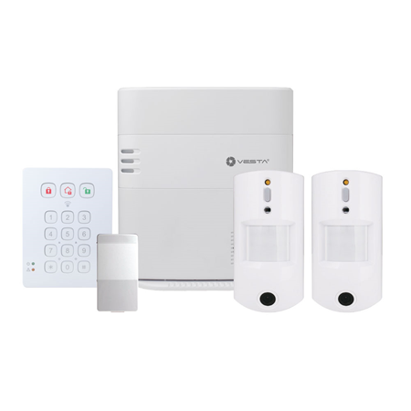 VESTA-123 | Kit VESTA compuesto por: 1x VESTA-047 (HSGW-G8-4G-F1-868-ZW-DT-18) de 160 zonas vía radio, Grado 2. 1x VESTA-011 (KPT-39B-F1). 2x Detectores PIRCAM vía radio VESTA-211 (VST-892-IL ALK) con antimasking y antimascotas, Grado 2. 1x VESTA-013 (MDC-3-F1) con Grado 2.