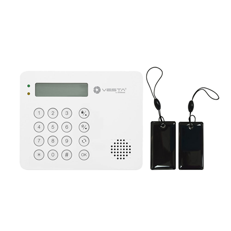 VESTA-125N | VESTA keyboard combined RF (F1) + wired. RFID reader and 2 chiclet type proximity tags. Supports NFC tags and Mifare cards. Built-in siren. 32-character LCD display. Up to 32 keyboards per system. 4 wires via RS485, up to 150 m. For hybrid control panel programming
