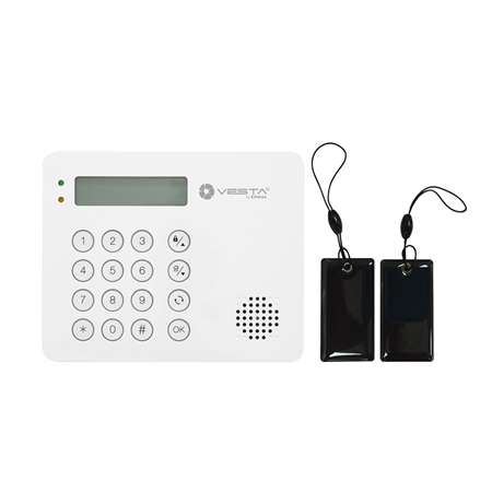 VESTA-125 | Tastiera wireless RF combinata (incorpora F1) + cablata con lettore di prossimità per radio VESTA e sistemi ibridi. Include 2 tag di prossimità tipo chiclet. Incorpora RF: F1 868 MHz compatibile con le centrali BOGP e HGSW. La sirena includeva 97 dB di potenza. Display LCD a 32 caratteri. Fino a 4 tastiere per sistema. 4 fili via RS485, fino a 150 metri. Per la programmazione delle centrali ibride VESTA-111, VESTA-112 e VESTA-113