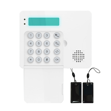 VESTA-125N | VESTA keyboard combined RF (F1) + wired. RFID reader and 2 chiclet type proximity tags. Supports NFC tags and Mifare cards. Built-in siren. 32-character LCD display. Up to 32 keyboards per system. 4 wires via RS485, up to 150 m. For hybrid control panel programming. EN50131 Grade 3 certified