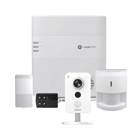 VESTA-297 | VESTA kit consisting of:. 1x Central IP Ethernet + 4G security VESTA-047N (HSGW-4G-EX) 320 zones via radio; 8 partitions; Amplified quick connection for external GPRS antenna (not included); Prepared to support external high capacity battery (DEM-14M-BACKUP and DEM-7M-BACKUP); Includes Mini USB quick connector to connect external organic battery; Grade 2. 1x PIR detector via radio VESTA-009 (IR-29SL-F1) with Grade 2. 1x VESTA-013 (MDC-3-F1) magnetic contact via radio with Grade 2. 1x VESTA-014 (RC-16-F1) 4-button radio push button with Grade 2. 1x PRO DAHUA-2650-FO (IPC-K22) compact IP camera with WIFI and IR illumination of 10 m for indoors. Compatible with Google Home and Alexa.