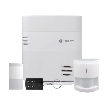 VESTA-142 | Kit VESTA composto da :. 1x pannello di sicurezza VESTA-141 con 320 zone via radio <strong> compatibile solo con 4G LTe alarm.com </strong>; 8 partizioni; Connessione rapida amplificata per antenna GPRS esterna; Grado 2. 1x rivelatore PIR via radio VESTA-009 (IR-29SL-F1) con Grado 2. 1x Contatto magnetico via radio VESTA-013 (MDC-3-F1) con Grado 2. 1x VESTA- Pulsante radio a 4 pulsanti 014 (RC-16-F1) con grado 2