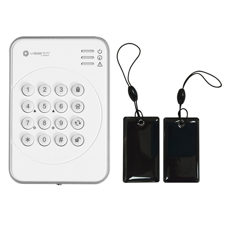 VESTA-153 | Remote keypad with VESTA proximity reader. Includes 2 chiclet-type proximity tags. 16 backlit keys for optimum visibility at night. Allows the user to arm / disarm the security system by simply swiping RFID or NFC keyfobs. Supports up to 30 RFID or NFC key fobs. Power saving function: consumes power only when in operation. The dual key function for activating panic, fire, or medical alarms. Protection against tampering and unauthorized removal. Low battery detection. Wide RF communication range, faster signal transmission. Sleek, modern design with easy wall mounting. Certified to EN 50131 Grade 2, Environmental Class Ⅱ. Complies with CE requirements

