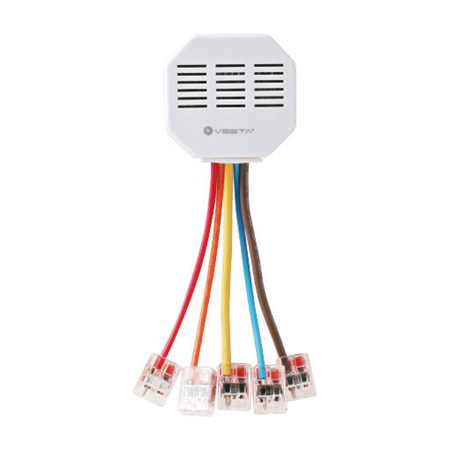 VESTA-165 | VESTA dimmer power relay switch. Small and compact profile. With integrated terminal wires and splice connectors. It plugs directly into a power cord. Adjustable power output to control lighting level. Function button for local operation