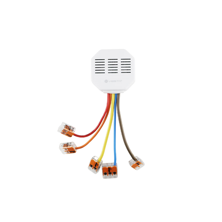 VESTA-175 | ZigBee Power Relay Switch. Allows you to control lights and appliances remotely. With built-in terminal leads and splice connectors to prevent short circuits or electrocution. It can function as a ZigBee repeater (optional). Firmware upgrade capability over the air (OTA). Extension terminal to connect to an external switch. LED status indicator. Flexible installation in ceilings or wall switch boxes. Enable smart home security systems according to schedules, scenes, and timer settings. Compatible with ZigBee systems from other manufacturers. Function button for manual operation. Suitable for home automation and security applications