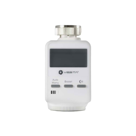 VESTA-183 | ZigBee thermostat. Automatic on / off control of the radiator valve according to temperature settings. The LCD screen displays the temperature, time, mode, and alerts. Antifreeze function when the ambient temperature drops below 5 ° C. Anticalcification with weekly opening / closing of the radiator valve. Boost function to temporarily speed up the heating process. Detect a sudden drop in temperature and adjust the settings accordingly to maintain the ideal room temperature. Easy control knob for manual temperature adjustments. Friendly interface with 3 buttons. Lock function available. Low battery detection. Periodic supervision signals guarantee the correct functioning of the device.