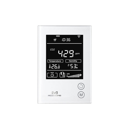 VESTA-241 | CO2, temperature and humidity sensor / meter. Compatible with Z-Wave Plus. LCD screen. 2 adjustment buttons. Time and day of the week display. CO2 meter for wall installation. CO2 meter with tempered glass finish