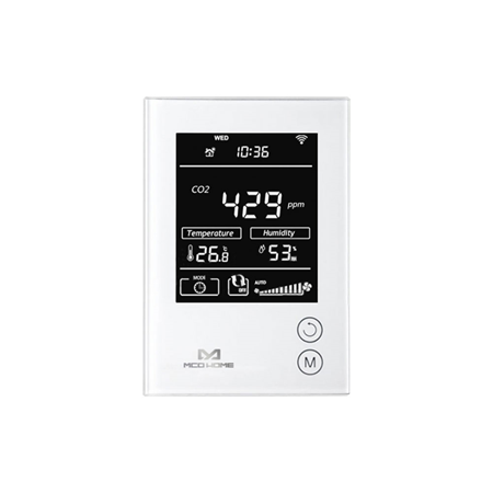 VESTA-241 | Sensore / misuratore di CO2, temperatura e umidità. Compatibile con Z-Wave Plus. Schermo a cristalli liquidi. 2 pulsanti di regolazione. Visualizzazione dell'ora e del giorno della settimana. Misuratore di CO2 per installazione a parete. Misuratore di CO2 con finitura in vetro temperato. Compatibile con i pannelli VESTA.