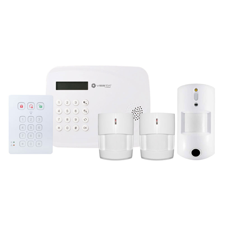 VESTA-252 | VESTA COMPACT 4G Kit consisting of:. 1x VESTA-068 (BOGP-3-4G) 50-zone compact 4G radio control panel with Grade 2. 1x VESTA-008 (VST-862-F1) PIRCAM radio detector with Grade 2. 2x VESTA-009 (IR-29SL-F1) PIR radio detectors with Grade 2. 1x VESTA-011 (KP-39B-F1) Grade 2 radio keypad.