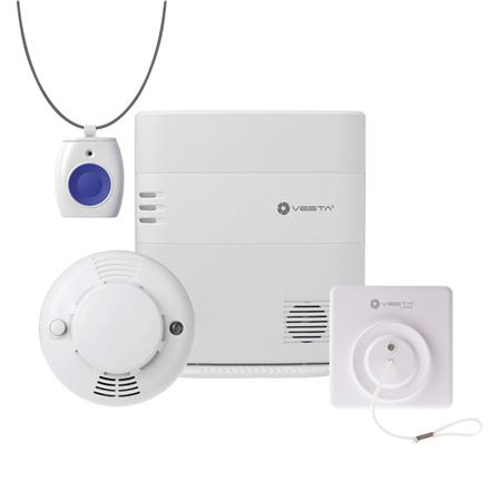VESTA-257 | MEDICAL VESTA 4G kit consisting of:. 1x IP Ethernet + 4G security center VESTA-047 (HSGW-G8-4G-F1-ZW) 160 zones via radio, Grade 2. 1x Panic and emergency alarm pendant/bracelet VESTA-078 (WTRS2) with IP68. 1x Smoke detector via radio VESTA-022 (SD-8EL-F1) certified EN14604. 1x Emergency cord VESTA-093 (PCU-3) certified EN14604. 1x Smoke detector via radio VESTA-022 (SD-8EL-F1) certified EN14604. 1x Emergency cord VESTA-093 (PCU-3). The VESTA radio control panel is compatible with Google Home and Alexa.