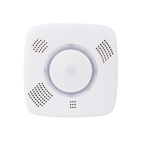 VESTA-308 | Combined detector VESTA smoke and CO. Built-in PIR motion sensor. Humidity, temperature and thermal detection. Voice messages in 5 languages. 85dB siren. AC powered.