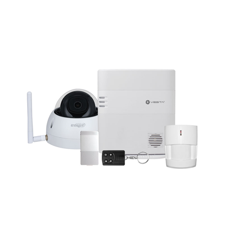 VESTA-378 | <strong>Kit VESTA 4G compuesto por:</strong>. 1x Central IP + 4G de hasta 320 zonas vía radio <strong>VESTA-047N</strong>. 1x Detector PIR vía radio <strong>VESTA-009</strong>. 1x Contacto magnético vía radio <strong>VESTA-013</strong>. 1x Pulsador vía radio de 4 botones <strong>VESTA-014</strong>. 1x Domo WiFi IP de 2MP <strong>DAHUA-3361-FO</strong>