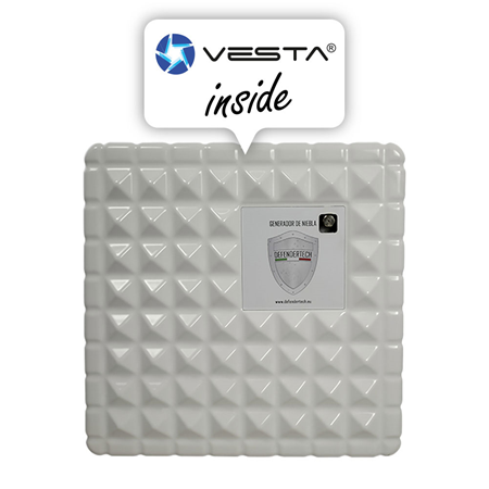 VESTA-DT-800 | Defendertech fog cannon for 100 m². Includes 2 VESTA digital input/output modules. Generation of 830 m3 in 60 seconds. Backup battery. Adjustable trigger time 1~60 seconds. Total shooting time of 6.5 minutes. Total shot volume of 4980 m3. EN 50131-8.