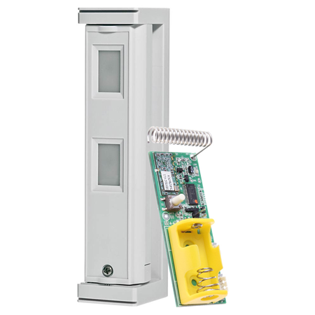 VESTA-FTN-RAM | 5x1m outdoor double PIR wireless detector. Includes VESTA-148 radio transmitter (GEN-TX-F1). Active IR antimasking. Discriminate pets. 2 detection zones. Adjustable lens to 2 or 5 meters range. Alarm and fault output. 190° horizontal ball joint. IP55. Self-powered with lithium or alkaline batteries 3V~9V DC or from a radio transmitter.