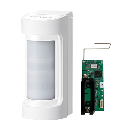VESTA-VXS-RAM-W | Double PIR detector for exteriors of 12m, 90° range. Includes VESTA-271 radio transmitter (TX-OPT-BXS-F1-868). Active IR antimasking. 16 detection zones. Adjustable detection range and sensitivity. Alarm output and tamper against sabotage. IP55. Self-powered with lithium or alkaline batteries 3V~9V DC or from a radio transmitter.