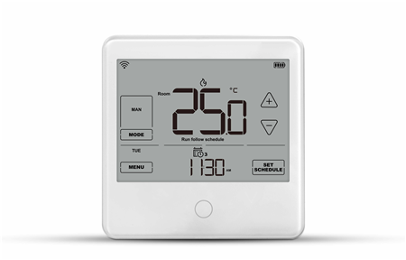 VESTA-286 | Termostato regulador con ajuste de temperatura manual y automático, Z-Wave Plus incorporado. Permite controlar hasta 3 etapas de calefacción y 2 etapas de enfriamiento. Ámbitos de aplicación: caldera de gas o combustible, calefacción eléctrica, calentamiento de agua, bomba de calor, etc. 8 tipos de sistemas de control. Retardo de encendido del compresor ajustable. Función PIR: La luz de la pantalla, se enciende por movimiento y el termostato cambia automáticamente el modo de funcionamiento, en función de la detección. Control remoto mediante Z-Wave Plus, integrado con los paneles de VESTA. Pantalla de visualización LCD. Botones téctiles para el control local. Diseño moderno con vidrio templado. Bornes de conexión rápida para cables. Frecuencia Z-Wave plus: 868,42 MHz