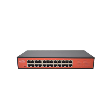 WITEK-0016 | 24-port Gigabit unmanaged switch. 24 Ethernet ports with auto-negotiation and auto-MDI/MDIX offer a smart swicth.
Compliant with IEEE 802.3, IEEE 802.3u, IEEE 802.3x standards. Green Ethernet technology saves up to 82% power. Plug and play. Supports VLAN function by DIP Switch.