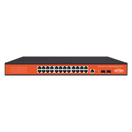 WITEK-0031 | Wi-Tek Layer 2 Wi-Tek commercial-grade manageable switch. 24 Gigabit RJ45 ports. 2 Gigabit SFP ports. Supports IGMP Snooping, link aggregation, loop prevention. Supports Web, CLI (console port, Telnet, SSH), SNMP and RMON.