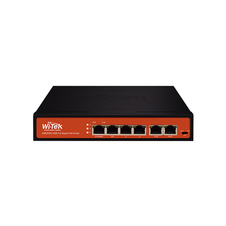 WITEK-0034 | Conmutador PoE no gestionable de gama comercial Wi-Tek. 4 puertos Gigabit PoE. 2 puertos Gigabit Ethernet. Entrega total de PoE de 65W. Soporta PoE 802.3af/at/bt. Modo CCTV hasta 250m. PoE de vigilancia. Plug & Play sin configuración.