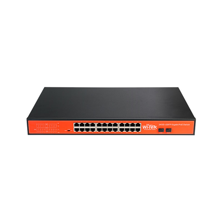 WITEK-0035 | Wi-Tek commercial range unmanageable PoE switch. 24 Gigabit PoE ports. 2 Gigabit SFP ports. 400W total PoE delivery. Supports 802.3af/at PoE. Plug & Play with no configuration