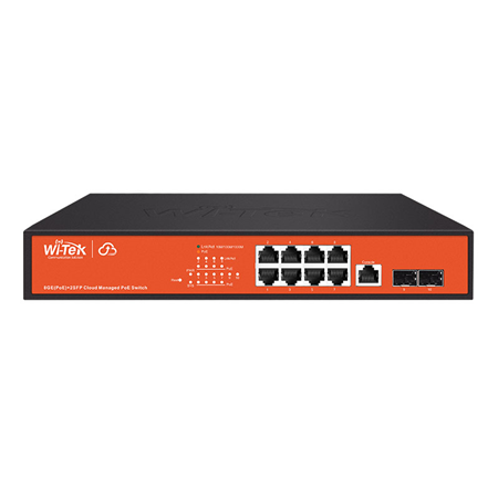 WITEK-0045 | L2 Wi-Tek commercial grade PoE manageable L2 PoE switch. 8 Gigabit PoE ports, 2 Gigabit SFP ports and console port. Total PoE delivery of 140W. Allows cloud management. Supports IGMP Snooping, link aggregation and loop prevention. QoS and IGMP snooping function optimize voice and video applications. Supports Web, CLI (console port, Telnet, SSH), SNMP and RMON.