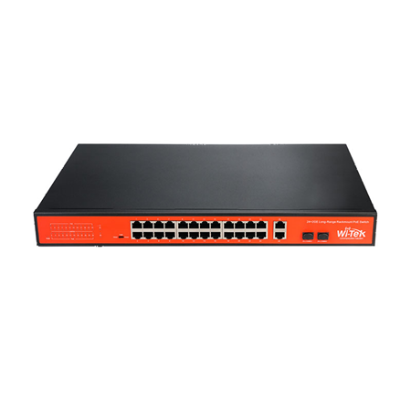 WITEK-0053 | Wi-Tek commercial range unmanageable PoE switch. 24 PoE 100Mbps ports. 1 RJ45 Gigabit port. 1 Gigabit combo port. 200W total PoE delivery. Supports 802.3af/at PoE. CCTV mode up to 250m. Watchdog PoE. Plug & Play without configuration