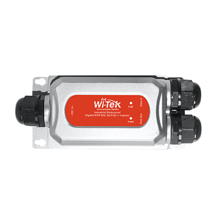 WITEK-0054 | POE injector. Data input: 1 x 1000Mbps Ethernet port. Power in port: 1 x 24~56V/3A Max. PoE output port: 1 x 1000Mbps PoE port with 802.3bt 60W. Operating temperature: -40°C~80°C. IP68 waterproof enclosure. Plug and play, and easy to install