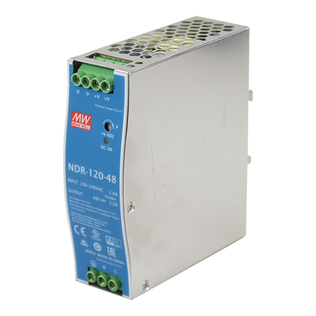 WITEK-0061 | Fuente de alimentación Industrial de 48V/120W. Rango completo / entrada CA universal. Protecciones de cortocircuito, sobrecarga, sobretensión y exceso de temperatura. Refrigeración por convección de aire. Homologación UL 508 y nivel de inmunidad industrial. Formato carril DIN.