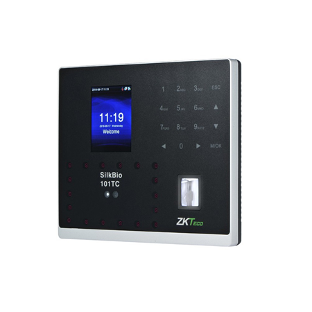 ZK-103 | Access and presence control terminal with SilkID fingerprint reader, facial recognition and RFID card. Capacity for 800 faces, 1500 fingerprints and 2000 cards. Multi-biometric verification of users in less than 1 second. Advanced technology SilkBio fingerprint sensor. Touch keyboard. Energy saving, infrared automatic sleep when not in use. Accurate identification even on rough, dry or wet footprints. Multiple languages. Prevents duplicate face registrations. Fake face detection function