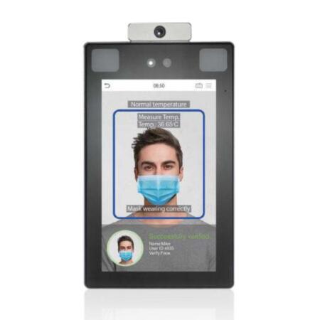 ZK-123 | ZKTeco multi-biometric terminal with facial recognition, palm fever detection for Access Control. 8"(400 lux) IPS touch screen. Up to 30,000 faces. Up to 5,000 palms. Up to 50,000 users. Up to 30,000 user photos. Registration of up to 1,000,000 events. TCP / IP, Wiegand In / Out, RS485, RS232. Relay output, Alarm output, Auxiliary input, Exit button, Door sensor. IP68, IK04. 12V DC.