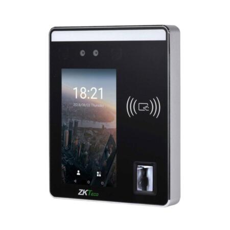 ZK-125 | ZKTeco facial recognition terminal and proximity reader Mifare of Access Control and Presence. 5" touch screen. Up to 6,000 faces. Up to 10,000 users. Up to 10,000 fingerprints and cards. Registration of up to 200,000 events. TCP / IP, Wiegand In / Out. Door Relay, Door Sensor, Alarm, Exit Button, Auxiliary Output. 12V DC.