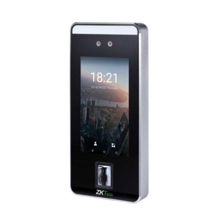 ZK-128 | ZKTeco multi-biometric terminal with facial recognition, fingerprint and proximity reader Mifare. 5" touch screen. Up to 6,000 faces. Up to 10,000 prints. Up to 10,000 cards. Registration of up to 200,000 events. TCP / IP, Wiegand In / Out, RS485. Door Relay, Door Sensor, Exit Button, Alarm Output, Auxiliary Input. 12V DC.
