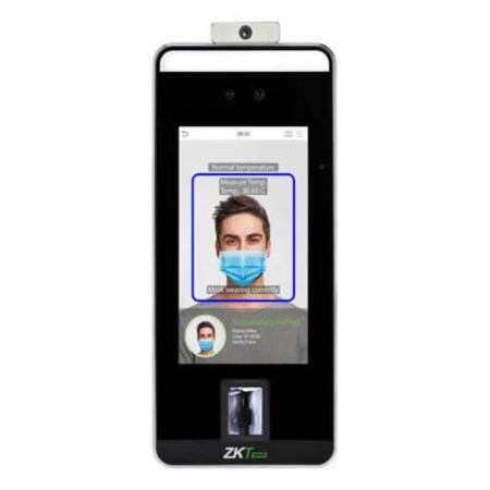 ZK-130 | ZKTeco multi-biometric terminal with face, fingerprint and palm recognition with fever detection. Mask detection. Temperature Measurement Accuracy: +-0.3 ºC. 5" touch screen. Up to 6,000 faces. Up to 3,000 palms. Up to 10,000 prints. Registration of up to 200,000 events. TCP / IP, Wiegand In / Out, RS485. Door Relay, Door Sensor, Exit Button, Alarm Output, Auxiliary Input. 12V DC.