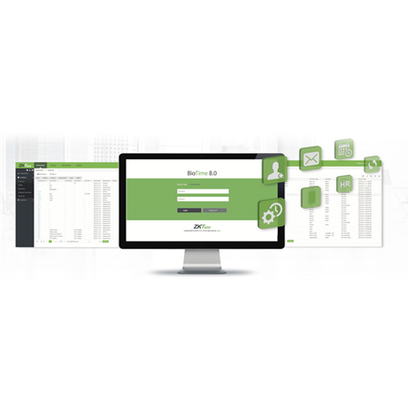 ZK-155 | ZKTeco BioTime 8.0 web-based time and attendance management software. Smart and flexible shift scheduling. Self-service for employees. Email alert for approval of requests. Simple Access Control Functions. Automatic synchronization of biometric templates by area. Multiple administrator privileges. Multiple approval. Real-time monitoring. Payment management. Calculation and attendance reports. Multiple languages available. Easy integration with API. Mobile app. Data backup and restoration