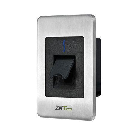 ZK-160 | ZKTeco card and fingerprint reader. SilkID fingerprint sensor + RFID card. Compatible Atlas controllers and standalone devices. RS-485 communication interface. LED and acoustic indicator. Recessed wall installation. Stainless steel. Fingerprint sensor protective cover. IP65 waterproof