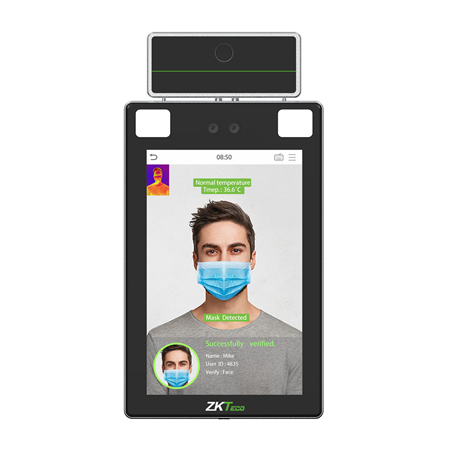ZK-168 | ZKTeco terminal with reference temperature measurement, Facial, palm and thermal verification. Body temperature measurement algorithm. Ultra large capacity of facial templates. Large capacity of palm templates. Anti-spoofing algorithm. Smart energy saving design. 2MP starlight CMOS sensor camera with WDR function. 8 "touch screen with 400 lux. 0.1s high speed temperature measurement