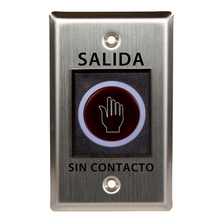 ZK-179 | Botón pulsador metálico ZKTeco para apertura de puerta. Sin contacto, mediante led infrarrojo. Detección hasta 10 cm. Indicador de estado con doble led. Salida de relé conmutado de contacto NO/NC/COM Frontal de acero inoxidable. Grado de protección IP55