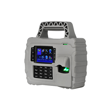ZK-212 | Terminal portátil ZKTeco de huella digital. Diseño robusto a prueba de agua, polvo y golpes. Capacidad para 5.000 huellas y 30.000 tarjetas. Registro de hasta 200.000 eventos. Interfaz TCP/IP, USB Host y 3G (WCDMA). Grado de protección IP65. A prueba de golpes y caidas de hasta 1 metro de altura. Batería de respaldo de 7,6Ah de alto rendimiento. Cubierta de protección