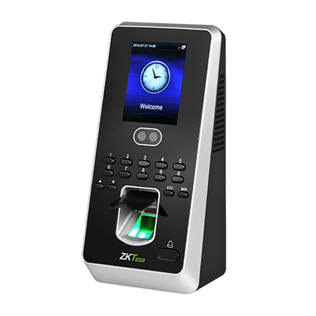 ZK-233 | Terminal Múlti-Biométrico ZKTeco de alta capacidad para control de Acceso y Gestión de Asistencia. Pantalla a color de 2,8". Vericación facial, por huella, ID de usuario, contraseña, tarjeta y combinaciones. Impide el registro con rostro duplicado. Sistema óptico infrarrojo de alto rendimiento en las horas de la noche. Comunicación TCP/IP, RS485, USB-Host y Wiegand. Control de acceso avanzado: anti-passback, interfaz para cerradura eléctrica, sensor de puerta, botón de salida, alarma y timbre. Entrada auxiliar incorporada con mayor flexibilidad para vinculaciones.