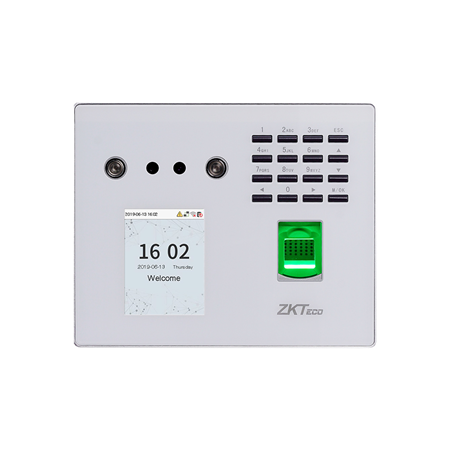 ZK-236 | ZKTeco Biometric Time & Attendance and Access Control Terminal. Enhanced facial recognition with visible light. Anti-spoofing algorithm against print attack (laser, color, and B/W photos), video attack, and 3D mask attack. Multiple verifications: face, fingerprint, card, password. Recognition distance of 1.5 meters long and extra wide-angle recognition. Optional multi-card modules: ID/IC. Light supplement with adjustable brightness.